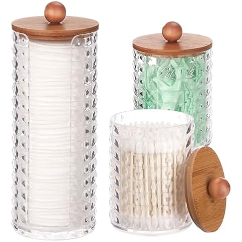 Tecbeauty 3Pcs Qtips Holder Bathroom Container, Cotton Ball Swabs Dispenser, Clear Apothecary Jar Set for Storage Cotton Round Pads, Floss Picks Cover