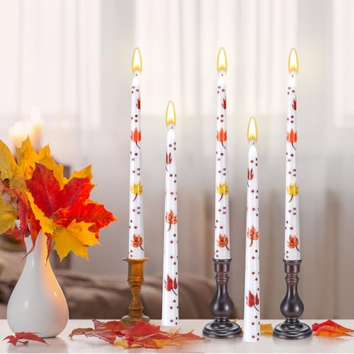 Image of Threlaco 6 Pcs Fall Red Maple Leaf Taper Candles 9.8 inch Unscented Taper Candles Prints Dinner Table Home Decorations for Thanksgiving Autumn Festive Halloween Party Gift