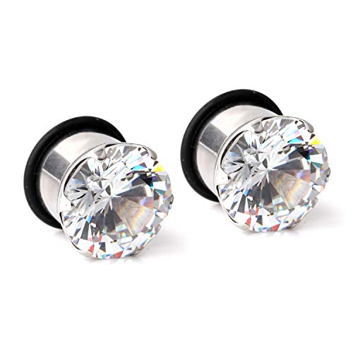 Ruifan 316L Surgical Steel Single Flare Prong Set Clear CZ Ear Stretcher Expander Plugs Piercing Gauge with O-Ring 12mm - Sold As a Pair