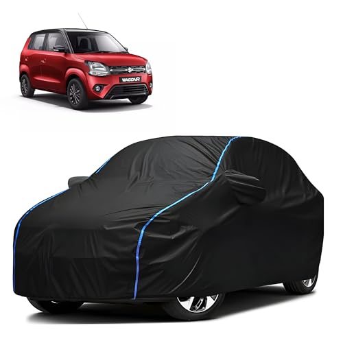 Image of Kerwa Car Body Cover Waterproof with Maruti WagonR, Dust & UV Resistant All-Weather Proof Full Body Cover, Black with Blue Lining, Triple Stitch Elasticated Bottom with Mirror Pocket