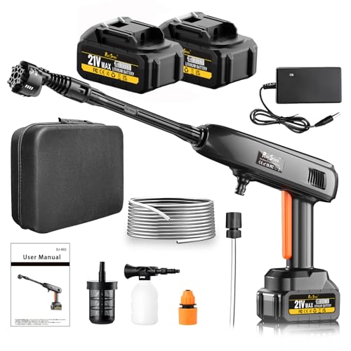 Akku Hochdruckreiniger, Hydro Blast 21V 1200PSI 336l/h Druckreiniger mit 2×4.0Ah Akkus 6-In-1 Multifunktionale Drehbare Düse, Schaumsprüher, 5M Schlauch, für Autos,Terrasse,Fenste,Garten