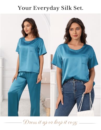 Image of THXSILK Mulberry Silk Womens Pajama Set with Pocket, 2 Piece Lounge Sets for Women, Short Sleeve Sleepwear