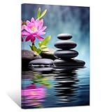 YUSUZHU Arte de pared zen con piedras de loto rosa sobre agua, impresiones en lienzo, imagen para baño, obra de arte relajante para yoga, spa, meditación, pintura de 60 x 80 cm con marco