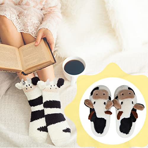 Zhanmai Fuzzy Cow Slippers Sock Gift Women Cartoon Animals Fluffy Plush Non Skid Winter Print House Shoes4