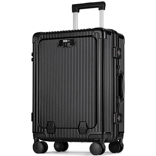 POSH Valise Cabine M avec Compartiment Ordinateur et Cadre en Aluminium 55x38x25cm - Trolley Coque Rigide en Polycarbonate 45L- Fermeture à Boucle TSA, Porte-gobelet &...