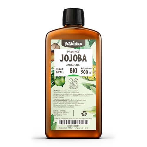 Jojobaöl Bio 500 ml - 100% Bio, Rein, Natürlich & Kaltgepresst, Haare und Nägel, Gesichtsöl und Körperöl, Vegan & Hexanfrei