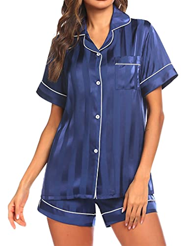 Ekouaer Women Pajama Set Satin Short Sleeve Button Up Silk Pjs Night Suits Plus Size Cozy Sleeping Set(Navy Blue,XX-Large)