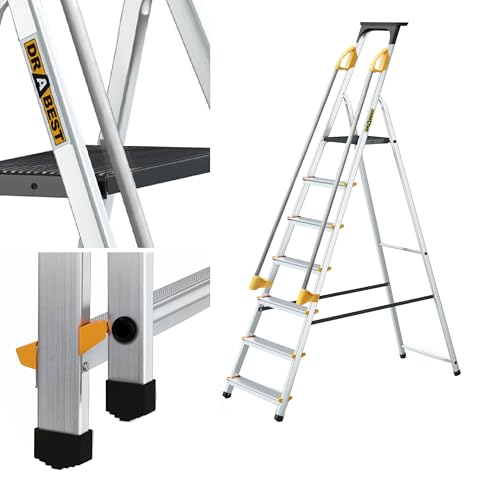 Drabest ÉCHELLES SÉRIES Pro Escabeau Ménager 7 Marches en Aluminium avec Mains Courantes 150 KG Escabeau en Aluminium Echelle Multifonctions - 50X217X12 cm