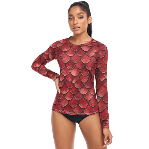 ALAZA Red Dragon Scale Animal Women's Rash Guard Long Sleeve Swim Shirts Swimsuit Top UPF 50+3