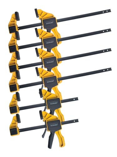 SUNBABA 6 Pack Clamps for Woodworking 12”(4)&6”(2) Light Duty One-Handed F Clamp/Spreader Bar Clamps Set 150LBS Load Limit with Quick Change Button