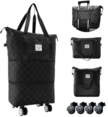 Rolling Duffle Bag with Wheels, 28-58L Expandable Foldable Travel Bag, Lightweight Carry-On Bag for Gym, Camping, Weekend Trips, Business Travel, Weekend Bag for Women & Men(Black)