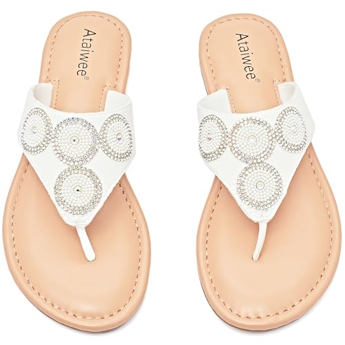 Ataiwee Damen Flache Slide-Sandalen-Bequeme und lässige Bohème-String-Flip-Flops für den Sommer (2307003,WT/MF,41)