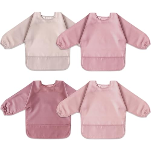 POIKSHARK 4 Pack Long Sleeve Bib, Waterproof Sleeved Smock for 6-30 Months Baby Boy or Girl, Reusable Bib with Catch-all Pocket - Pink