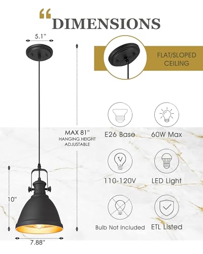 Image of 2-Pack Black Pendant Lights Kitchen Island, 8 inch Metal Shade | Industrial Hanging Light Fixture for Entryway Bar, Black and Gold Metal Shade, Adjustable Height, E26 Base, AD-2151-2PM-BK