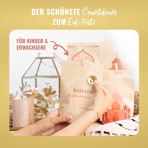 AMARI ® Ramadan Tüten (30 Stück inklusive Sticker & Klammern) - Ramadankalender zum Befüllen - Ramadan Kalender Tüten - Ramadan Kalender Bastelset