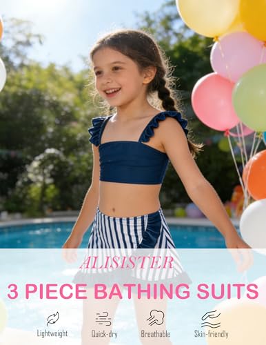 Image of ALISISTER Girls Swimsuit 3 Piece Bathing Suits Summer Bikini Tankini Sets with Cover Up Skirt for 4-12 Years