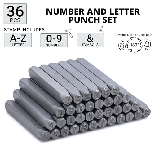Image of NEIKO 02633A Number and Letter Punch Set with Heat-Treated Steel Punches, Imprinting & Arts and Crafts, 3 /16 inch (5 MM) Shaft, 36 Pc Stamp Set, Uppercase Letter & Number Punch Set (A-Z / 0-8 / inch& inch)