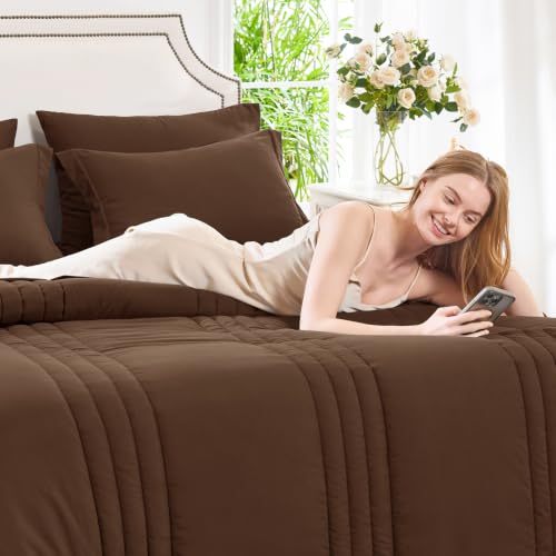 Image of CozyLux King Size Comforter Set Brown - 7 Pieces Bed in a Bag, Modern Vertical Quilted Room Decor, Soft All-Season Bedding Gift with Comforter, Sheets, Pillowcases & Shams