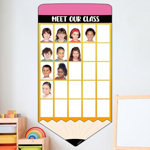 27×14in Pencil Shaped Photo Display Board Meet Our Class Interactive Attendance Bulletin Board Decor for Back to First Day of Chalkboard Wall Door Decor