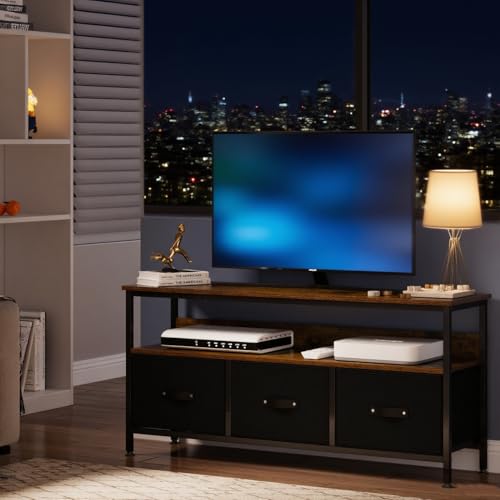 HAUSPROFI TV-Schrank, Lowboard für Fernseher bis zu 55 Zoll, 120 cm lang, Fernsehtisch mit 3 Schubladen, 120 x 30 x 57 cm, Wohnzimmer, Stahlgestell, vintagebraun-schwarz