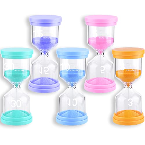 Frasheng Reloj de arena, temporizador, temporizador de cocina, indicador de tiempo, juego de 5 relojes de arena, colorido reloj de arena juego de 3 min/5 min/10 min/15 min/30 minutos para escuela