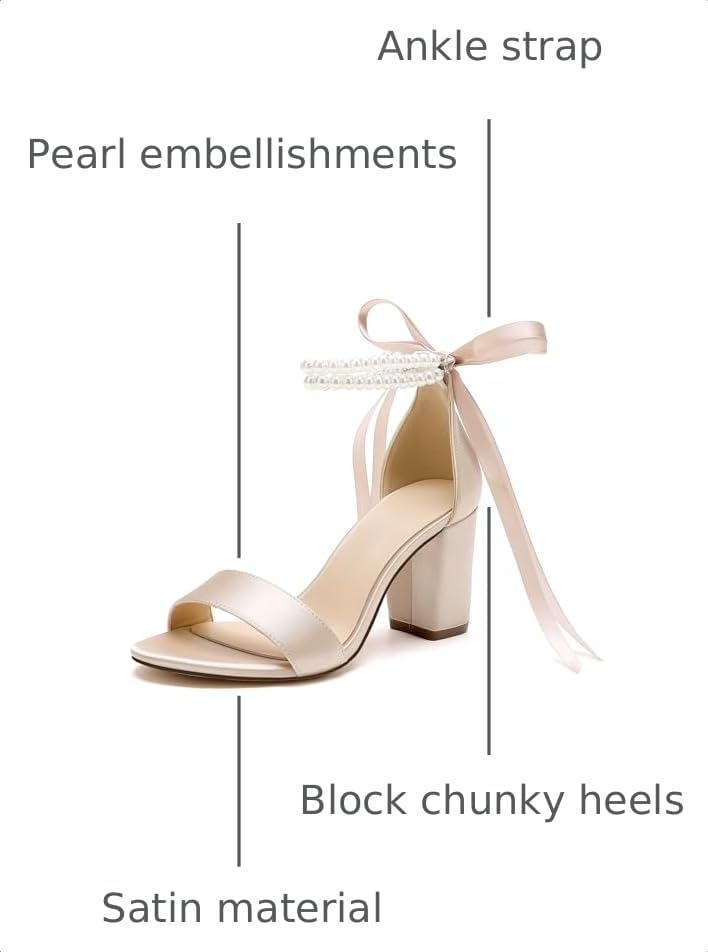 Image of Women's Open Toe Pearl Wedding Shoes for Bride High Heels Sandals Satin Bridal Block Chunky Heels Ankle Strap Prom Evening Party Pumps