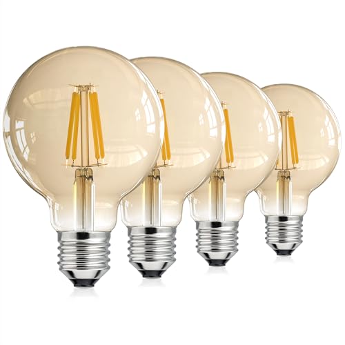 EYLM Bombilla Vintage E27, Bombilla LED, Regulable Edison Bombilla 4W 2700K Blanco Cálido para la Iluminación Nostálgica y Retro en el Hogar Café Bar, Forma de Globo (G80) (4PCS)