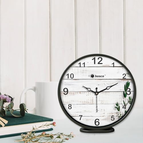 Image of Bosco Modern Non Ticking Silent,Rustic White Wooden Face with Black Frame, 20 CM Table Cum Round Wall Clock for Home, Living Room, Bed Room, Office and Kitchen- BWC-1204