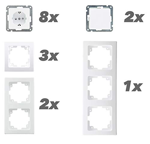 ChiliTec Steckdose Schalter Unterputz DELPHI PRO Set - 8 x Steckdose, 2 x Schalter mit Rahmen I Installation per Steckklemme Weiß