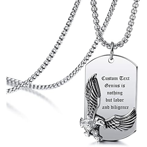 MeMeDIY Personalized Necklace Customized Chains for Men Boys Engraving Eagle Pendant Gifts Stainless Steel Vintage Jewelry with 3.5 Wide 24 Inches Chain Cover