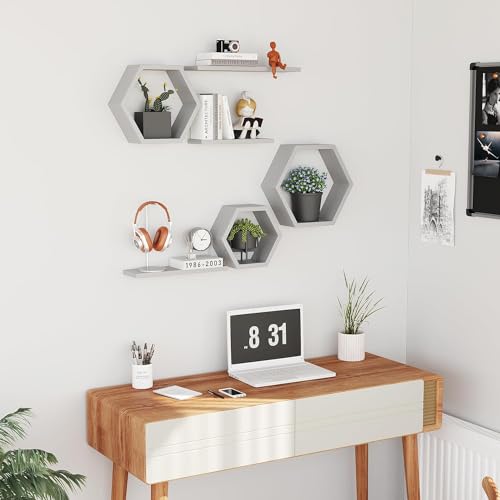Image of Wooden Floating Wall Shelves Wall Mounted - Set of 6 Hexagon Shelves Display for Photos, Plants, Honeycomb Shelves for Living Room, Bedroom, Bathroom, Kitchen, Office (Grey)