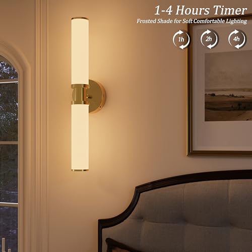 Image of Rayogale Gold Wireless Battery Operated Wall Sconces with Remote Control | White Glass Rechargeable Wall Lights Set of 2 with Timer Function Dimmable for Living Room Bedroom Emergency 3000K, 20.5 Inch