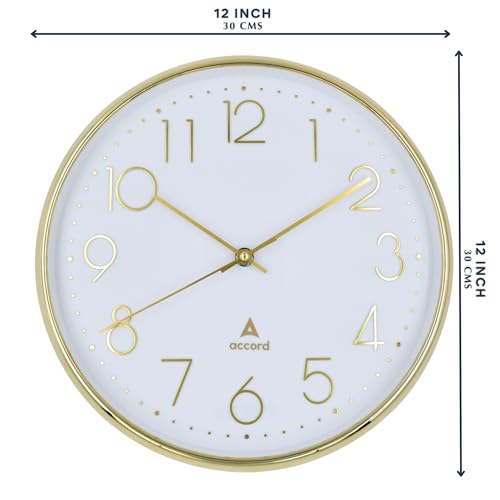 Image of Premium Contemporary Analog Wall Clock with Silent Sweep Noiseless Movement - Gold Frame - HD Clear Glass Surface - 12 inch / 30.5 cm - Model TIME Square