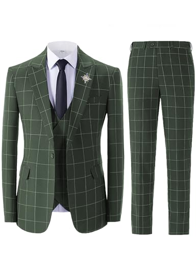 Casual Men's Suits Regular Fit 3 Pieces Double Breast Lightweight Plaid Tuxedos Business Blazer+Vest+Pants(Olive Green,Large)