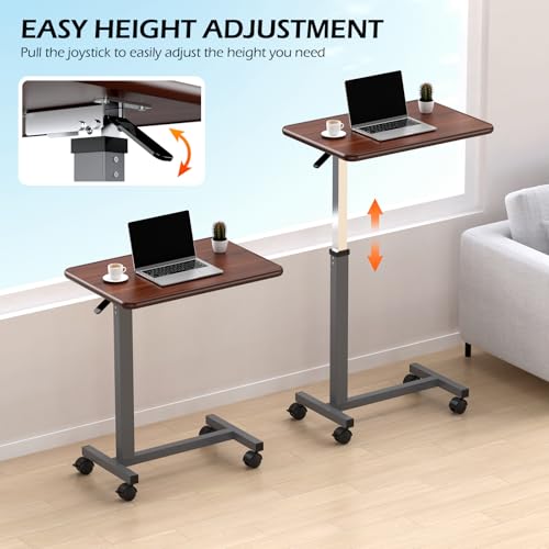 WOTURE Adjustable Overbed Table with Wheels, Bedside Rolling Table, Pneumatic Height Adjustment, Hospital Bed Table on Wheels, Standing Desk, Bedridden & Mobility Needs, Walnut
