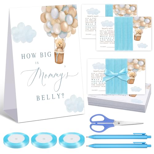 Eaasty 57 Pcs How Big Is Mommys Belly? Measure The Belly Baby Shower Game Kit - How Big Is Mommys Belly Sign 50 Cards 3 Rolls Measuring Ribbons for Baby Shower Gender Reveal Party Supplies