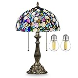 Nizrsky Tiffany Lamp Stained Glass Table Lamp with Natural Shell and Amethyst,12" Vintage 2-Light Handmade Tiffany Style Lamp,Tiffany Desk Lamp for Living Room Bedroom Office (Bulbs Included)