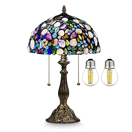Nizrsky Tiffany Lamp Stained Glass Table Lamp with Natural Shell and Amethyst,12" Vintage 2-Light Handmade Tiffany Style Lamp,Tiffany Desk Lamp for Living Room Bedroom Office (Bulbs Included)
