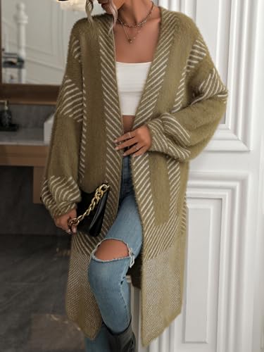 Image of chouyatou Women's Color Block Striped Fuzzy Long Cardigan Sweaters Open Front Diagonal Stripe Knit Cardigan Jacket Coat