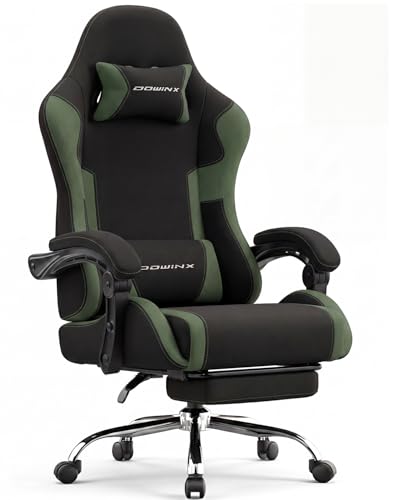 Image of Dowinx Ergonomic Gaming Chair with Footrest & Massage Lumbar, 2D-Linkage Armrests for Computer Chair 330lbs with Headrest Pillow for Office, Home, Streaming and Long Gaming Sessions, Fabric Dark Green