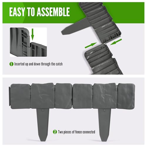 EXLECO 40 Pcs Rasenkante Kunstoff Grau 10 Meter Beeteinfassung Steinoptik Palisade Zaun Stone Rasenkantensteine Beetumrandung Stein Effect Garten Randsteine Pflanze Bordüre für Rasen Blumenbeet