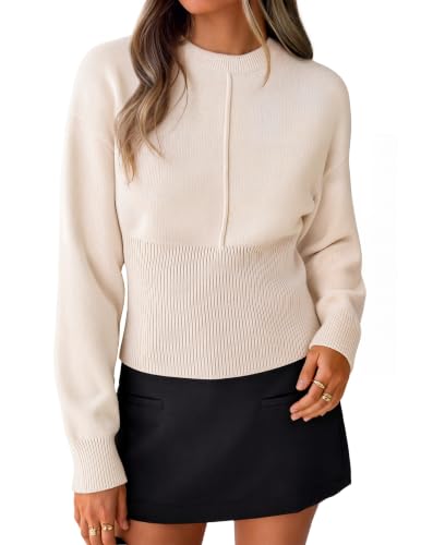 Image of ZESICA Women's Fall Sweaters Crewneck Cinched Waist Pullover Tops