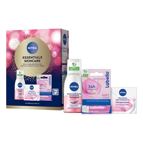 NIVEA Essentials Skincare Kit cofanetto regalo donna, Set regalo donna con Crema Viso Idratante Nutriente 50 ml, Struccante Occhi Waterproof 125 ml e Burrocacao Labbra Labello Soft Rosé 4.8 g
