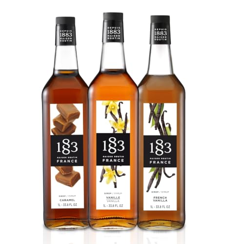 1883 Vanilla, Caramel, French Vanilla Syrups (Café Variety Pack) for Coffee &amp; Drinks – 1 Liter Glass Bottles (Pack of 3)