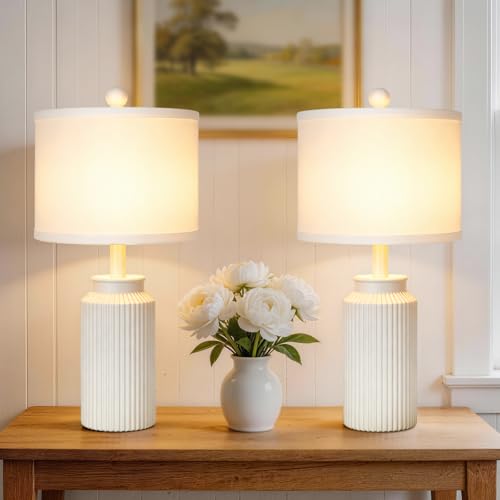 22 Modern Ceramic Table Lamp Set of 2 for Living Room Rustic Farmhouse White Desk Lamps with White Linen Shade Vintage Bedside Nightstand Lamps for Bedroom Living Room End Table Lamps Home Decor