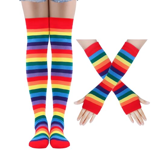 Image of Black and White Striped Arm Leg Warmers Sleeves Set Rainbow Socks Knee High Fingerless Gloves Hand Thigh Warm