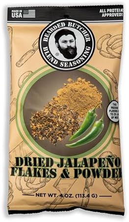Bearded Butchers Dried Jalapeño Powder & Flakes Twin Pack, 4oz – All-Natural, No Fillers – Perfect for DIY Meat Processing: Jalapeño Cheddar Brats, Summer Sausage, Snack Sticks, Smokies & More