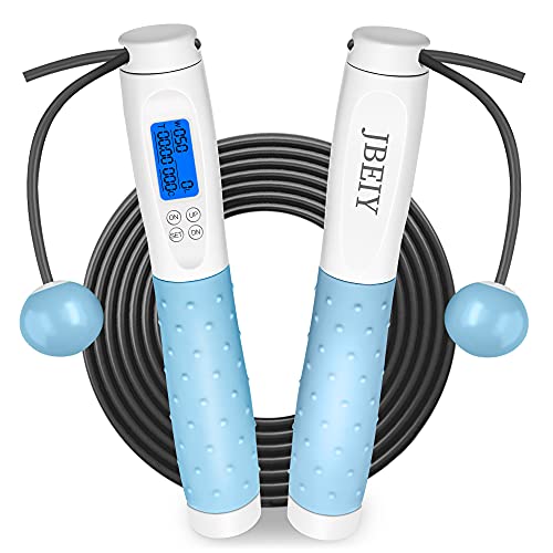 JBEIY Bleu Corde à sauter Adulte, LED Intelligente Affiche le Nombre, Temps et Calories, 2 Boules de Poids, Poignée en Silicone Antidérapante, pour Intérieur Extérieur Adulte Sport Cover