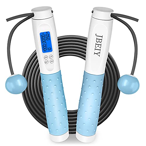 JBEIY Bleu Corde à sauter Adulte, LED Intelligente Affiche le Nombre, Temps et Calories, 2 Boules de Poids, Poignée en Silicone Antidérapante, pour Intérieur Extérieur Adulte Sport