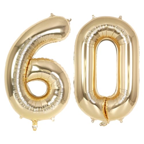 Image of Champagne Gold Large Number 60 Balloon, 40 Inch Light Gold Foil Helium Number Balloons, Giant Mylar Number 60 Balloons for 60 Years Old Birthday Party Anniversary Decorations (Champagne Gold 60)
